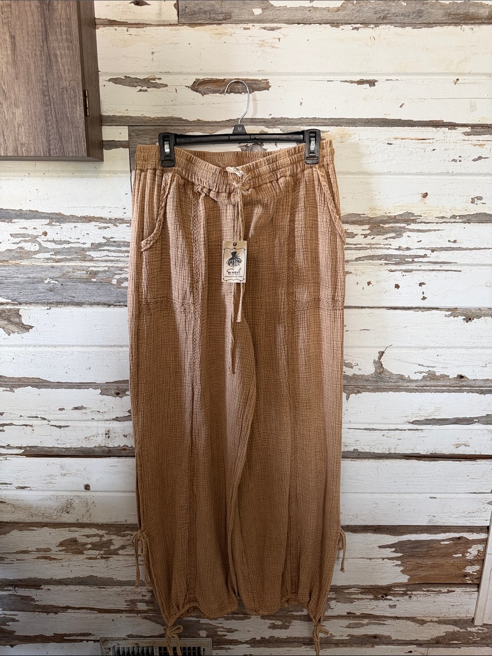 Drawstring Wide-Leg Pants in Tan with Ankle Ties